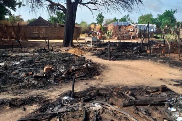 A burned area in a village in Darfur, showing charred remains of structures amidst scattered debris and a large tree.