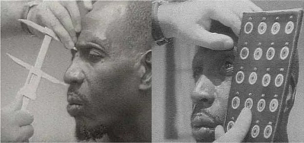 A black and white image showing two close-up shots of a man being measured; on the left, a caliper is used to measure his forehead, and on the right, another tool is used to take measurements on his face.