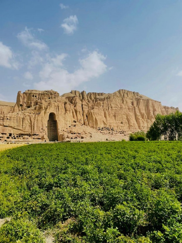 A panoramic view of the Bamyan Valley in Afghanistan, featuring a lush green field in the foreground, with the historical cliff formations and the remnants of the Bamyan Buddha sculptures in the background under a partly cloudy sky.