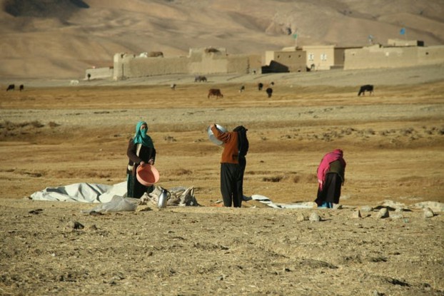 Women in traditional clothing working outdoors in a desolate landscape, with low buildings and livestock in the background.