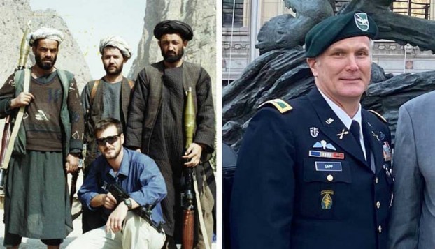 Split image showing a group of Afghan men, some armed, on the left, and a U.S. military officer in uniform on the right.