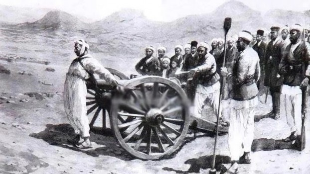 Historical illustration depicting individuals transporting a cannon with a group of men observing, set against a barren landscape.