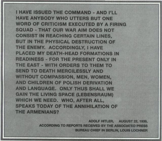 Document containing a speech by Adolf Hitler, dated August 22, 1939, detailing the command for the physical destruction of the enemy, particularly targeting Polish people and referencing the Armenian Genocide.