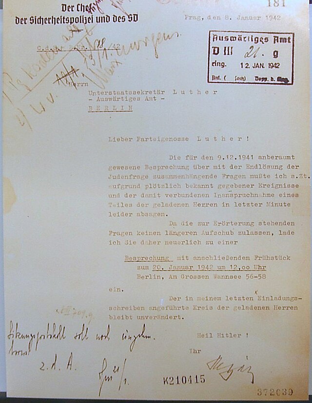 A letter dated January 8, 1942, from the Chief of the Security Police and the SD regarding the upcoming meeting about the 'Final Solution' to the Jewish question, mentioning details of the meeting scheduled for January 20, 1942.